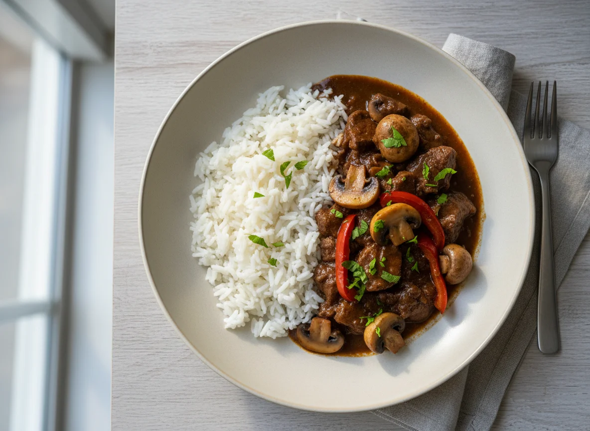 Reis mit Gulasch und Pilzen photo