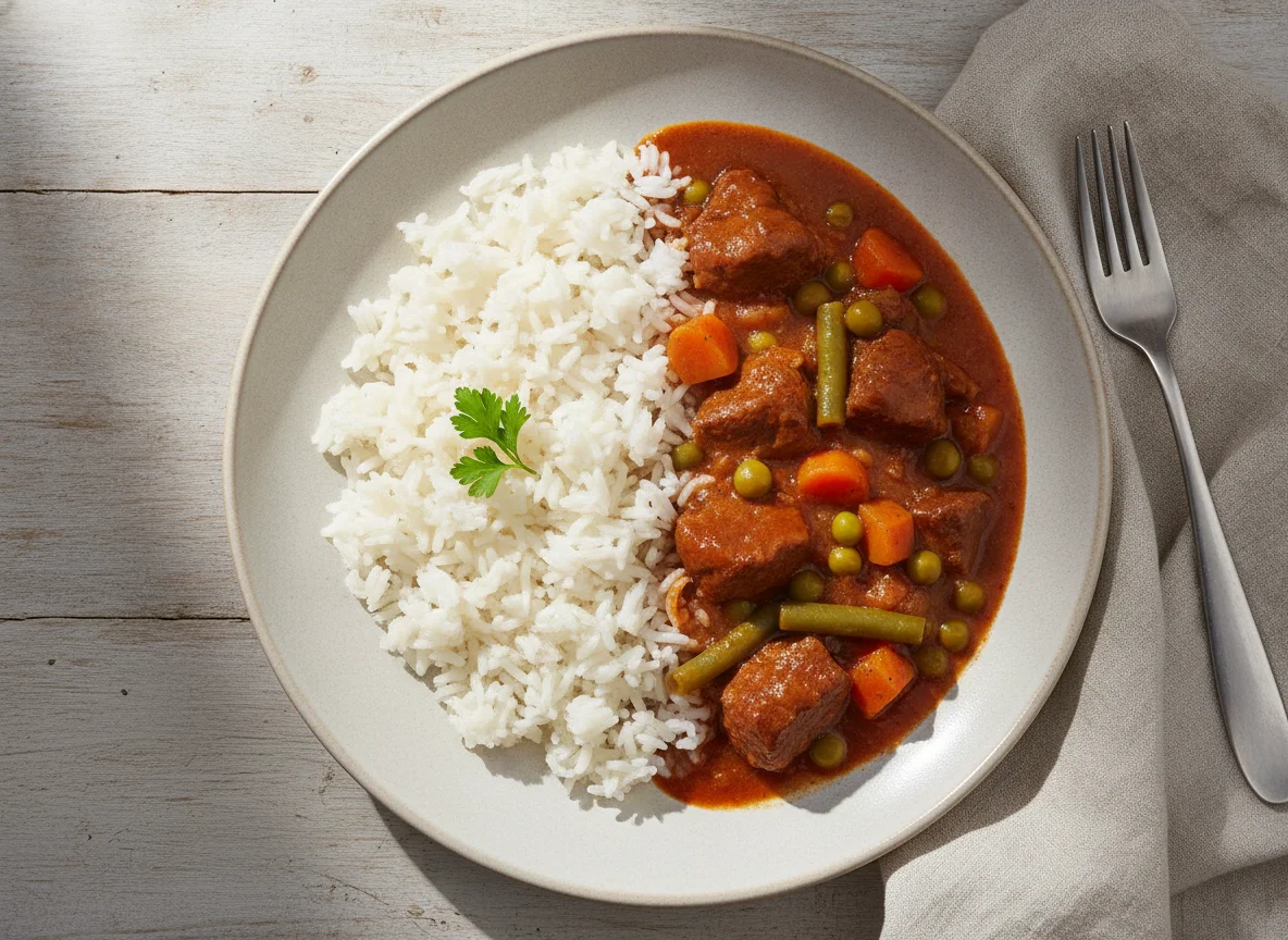 Reis mit Gulasch-ähnlichem Eintopf photo