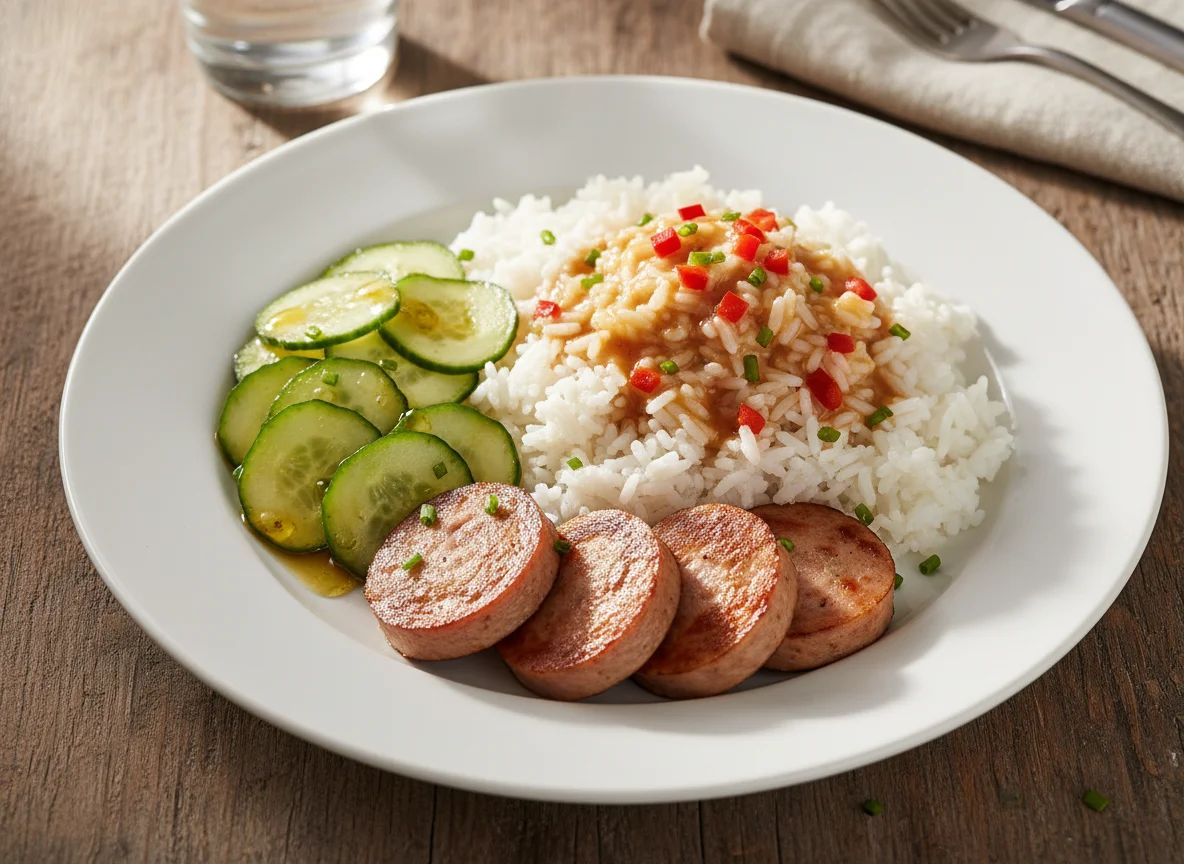 Reis mit Gurkensalat und Fleischwurst photo