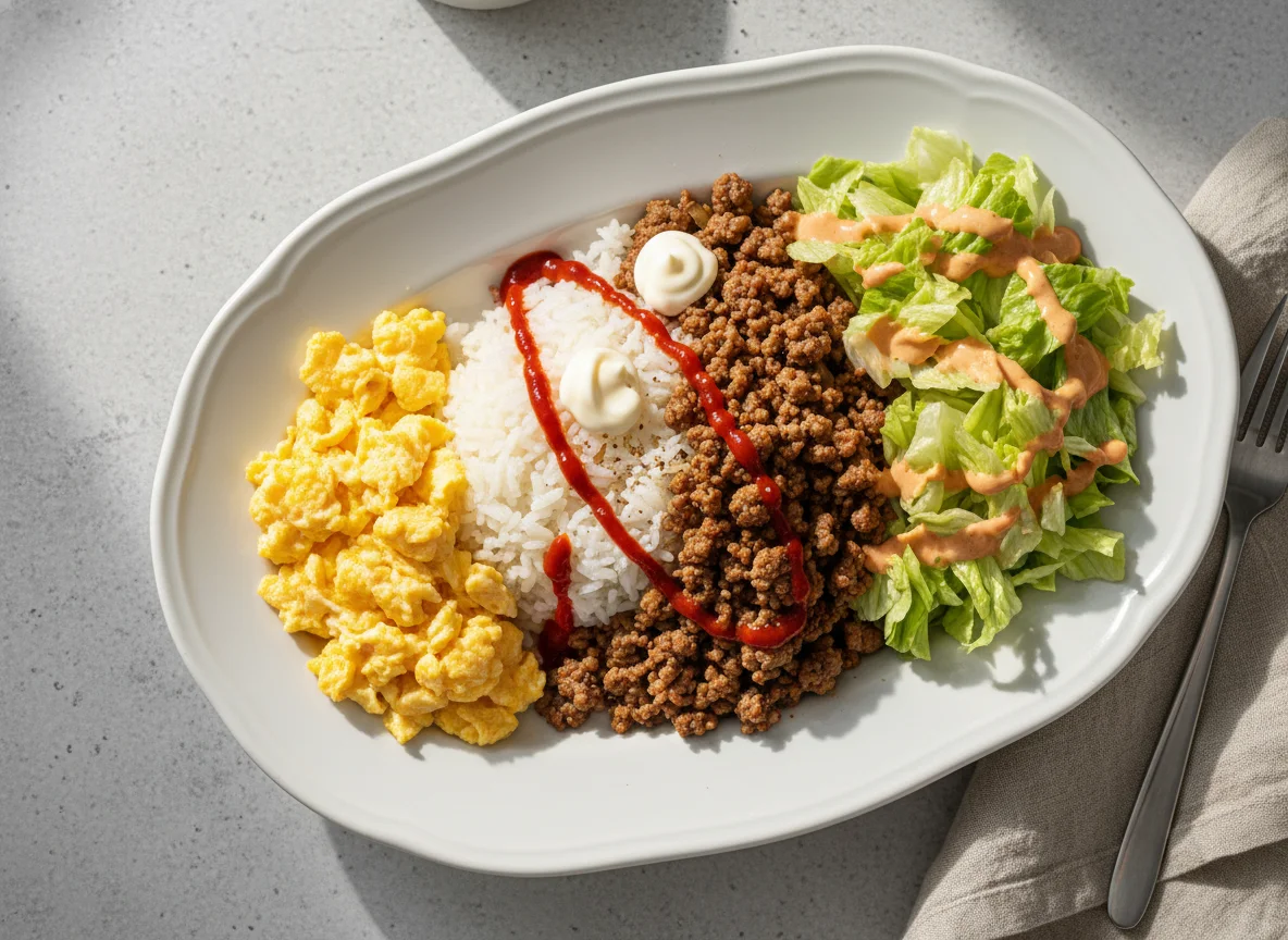 Reis mit Hackfleisch, Ei und Salat photo