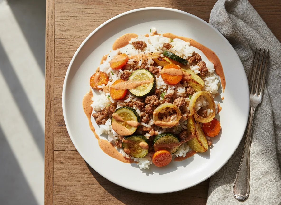 Reis mit Hackfleisch, Gemüse und Sauce photo