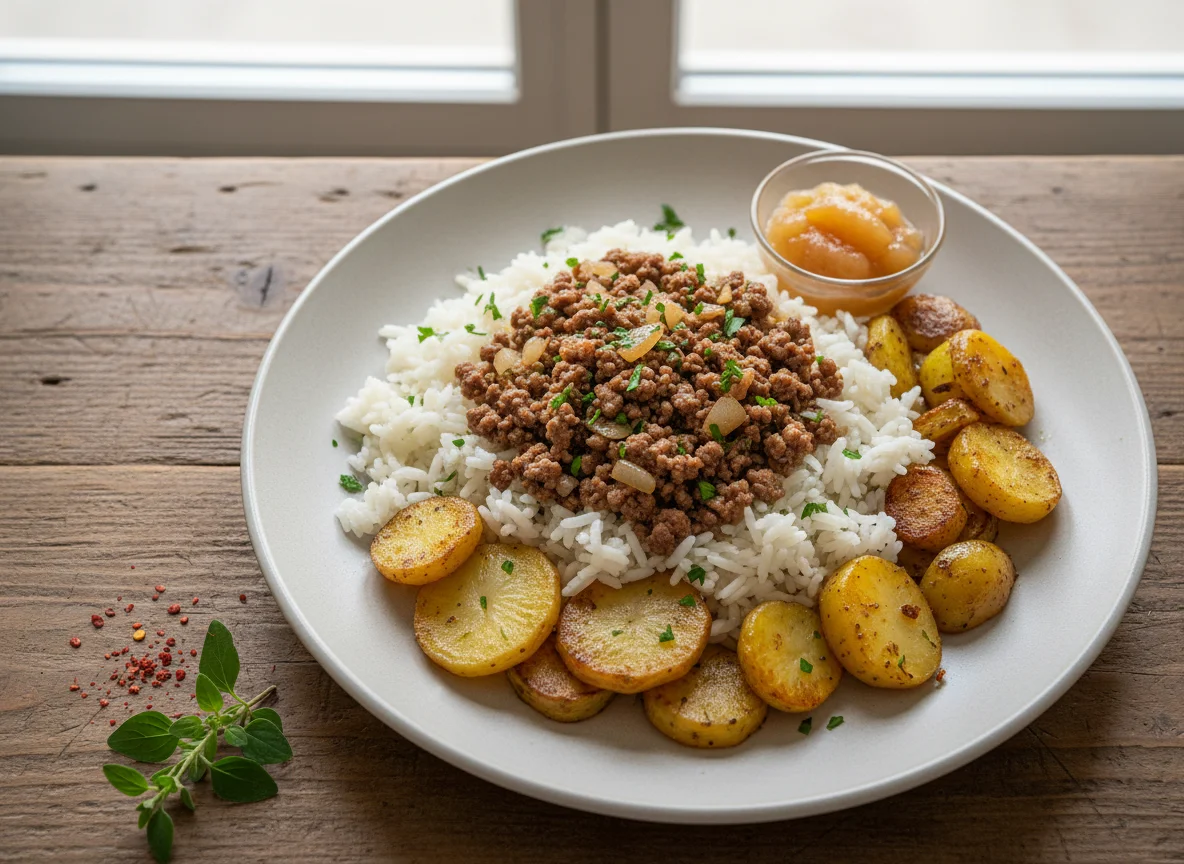 Reis mit Hackfleisch und Kartoffeln photo