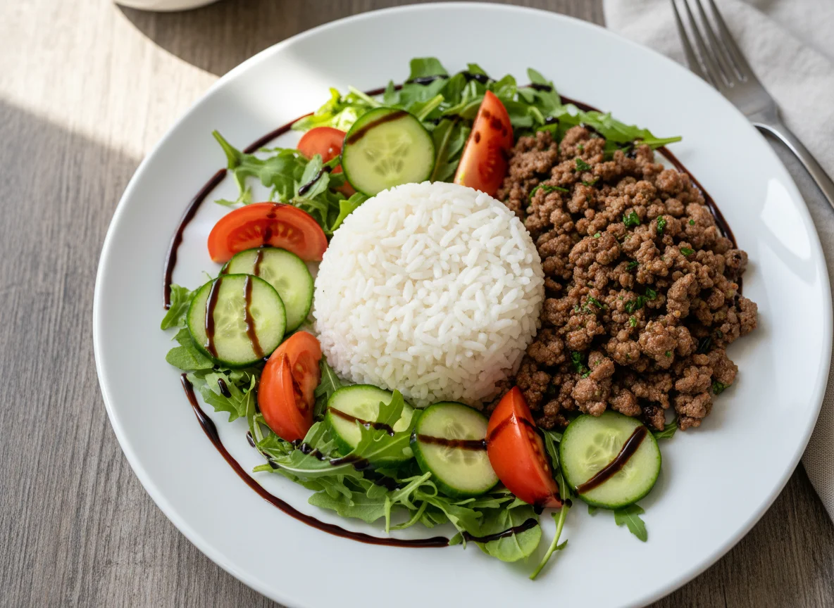 Reis mit Hackfleisch und Salat photo