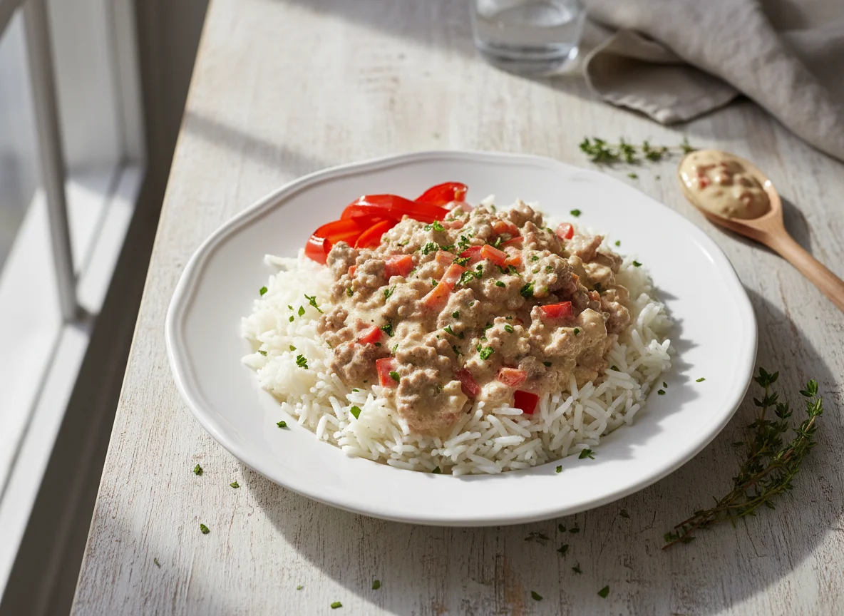 Reis mit Hackfleisch und Sauce photo