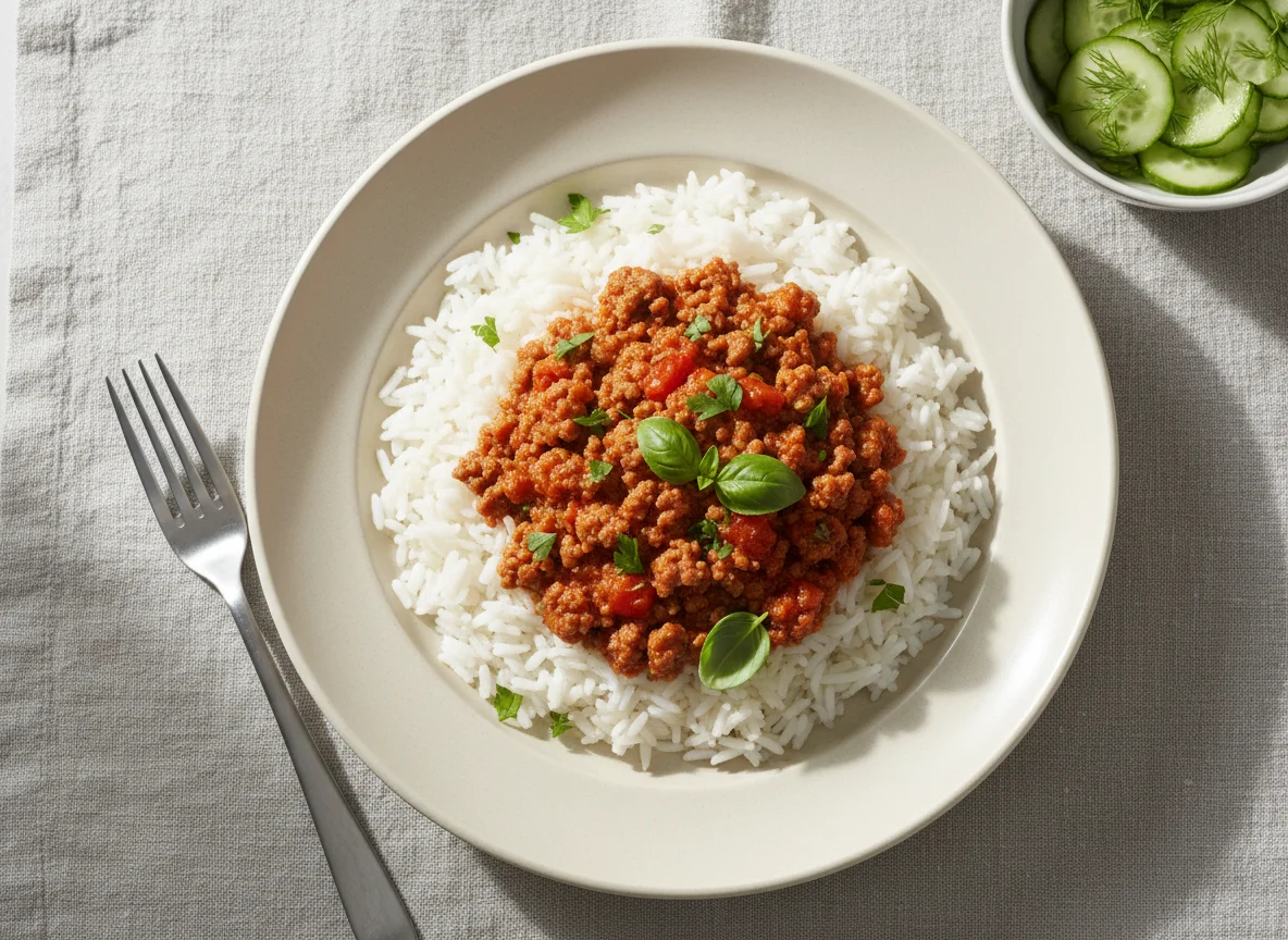 Reis mit Hackfleisch und Tomatensauce photo