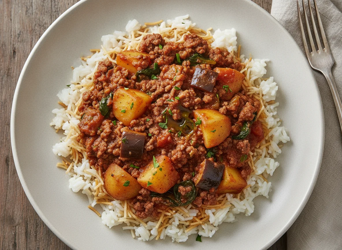 Reis mit Hackfleisch-Gemüse-Eintopf photo