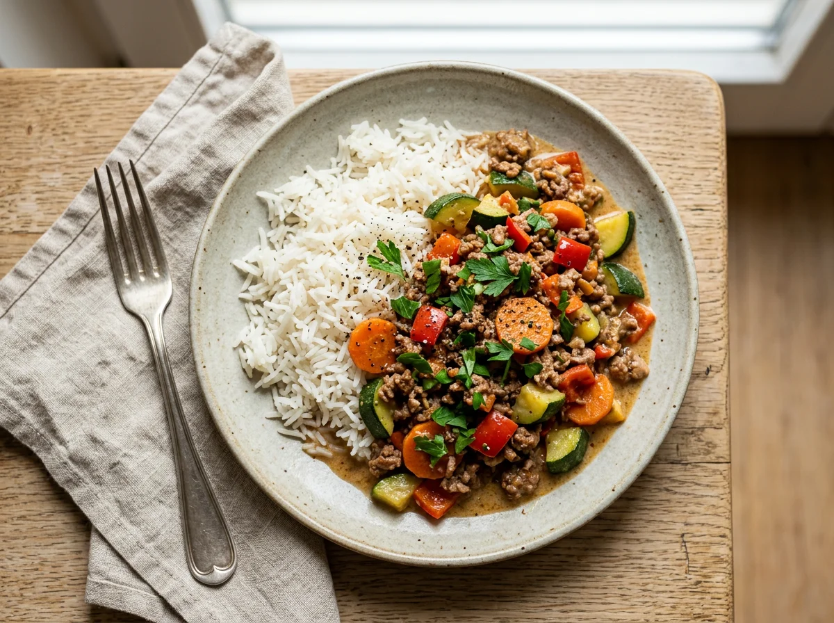 Reis mit Hackfleisch-Gemüse-Pfanne photo