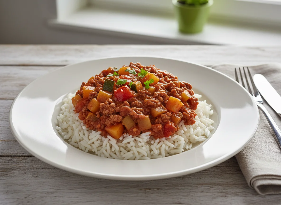Reis mit Hackfleisch-Gemüse-Sauce photo