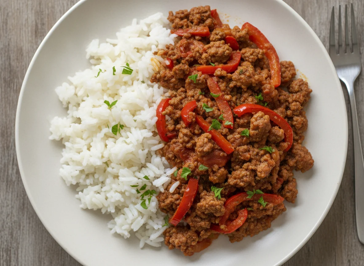 Reis mit Hackfleisch-Paprika-Pfanne photo