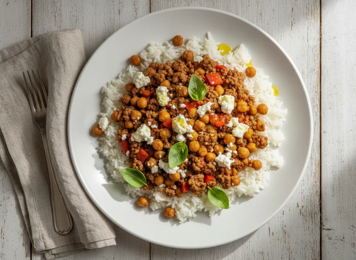 Reis mit Hackfleischpfanne und Feta photo