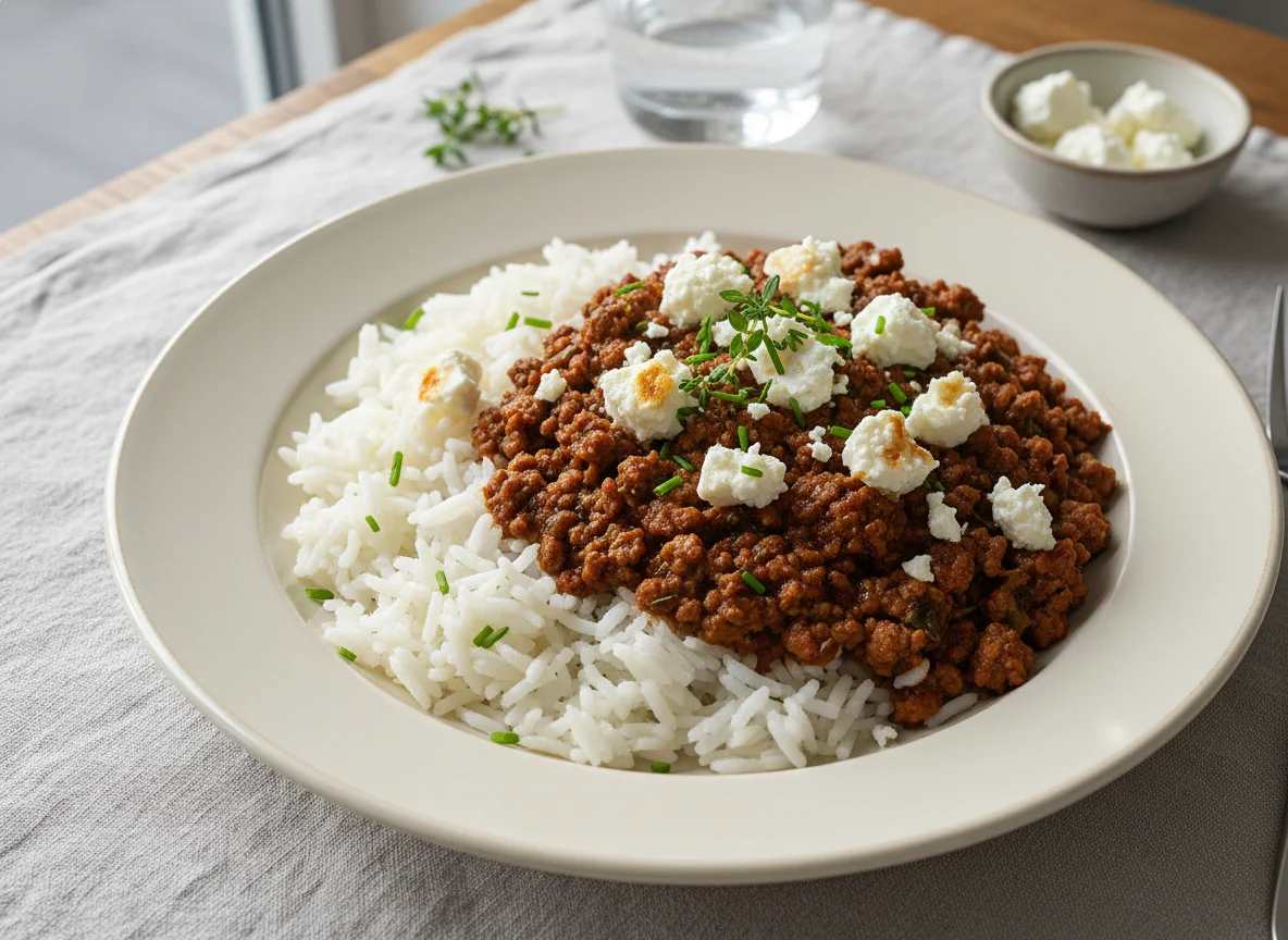 Reis mit Hackfleischsauce und Feta photo