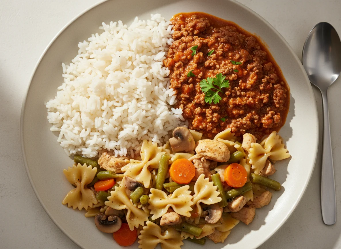 Reis mit Hackfleischsauce und Nudel-Gemüse-Eintopf photo