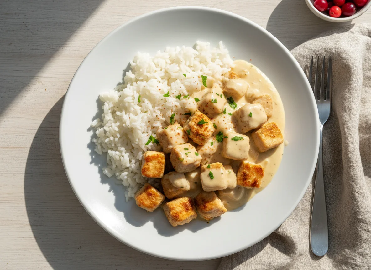 Reis mit Hähnchen in cremiger Sauce photo