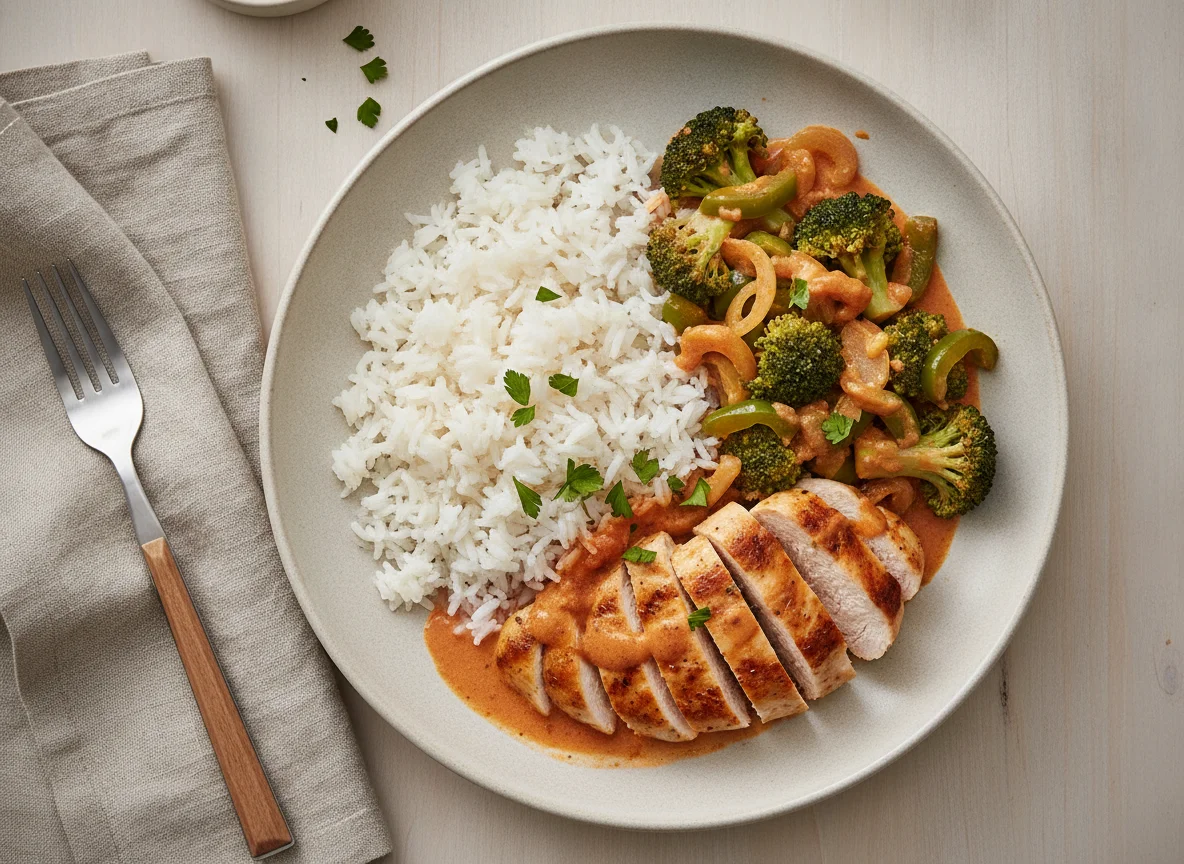 Reis mit Hähnchen und Brokkoli-Gemüse photo