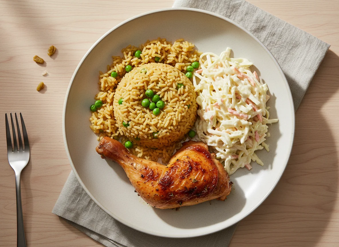 Reis mit Hähnchen und Krautsalat photo