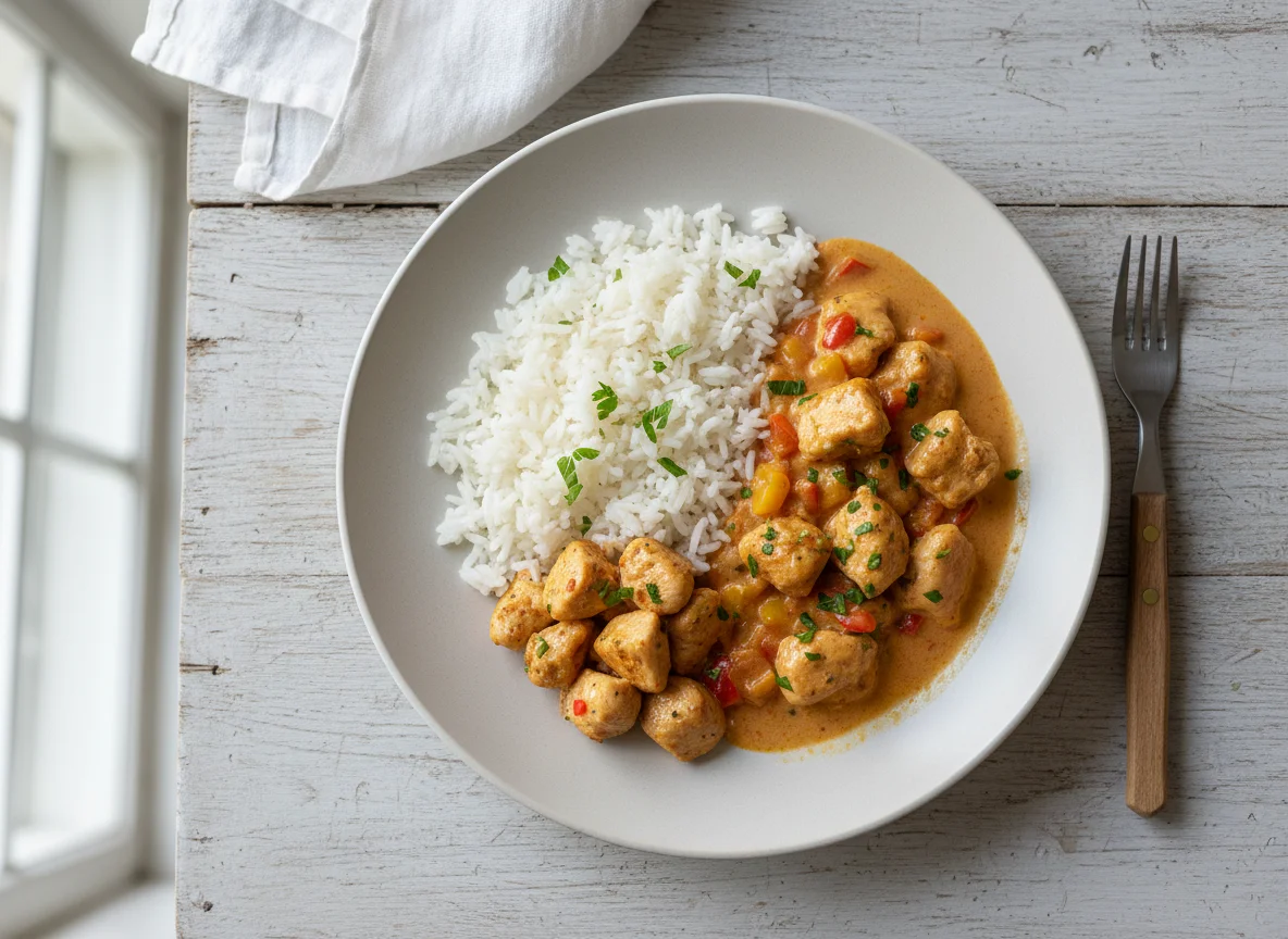 Reis mit Hähnchen und Paprikasauce photo