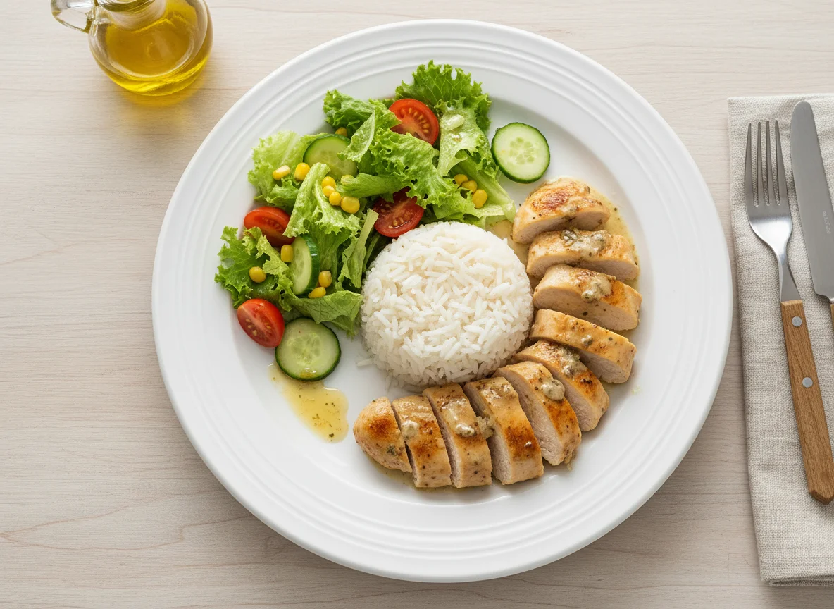 Reis mit Hähnchen und Salat photo