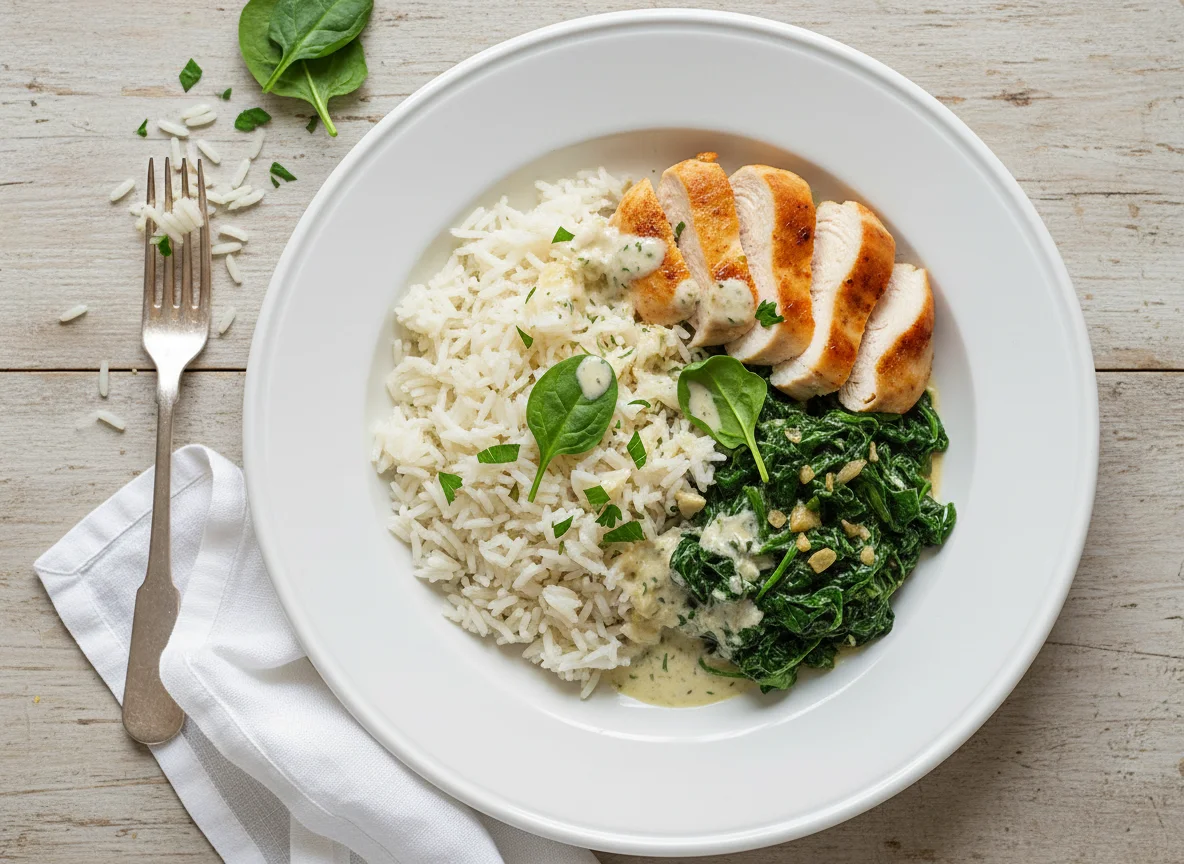 Reis mit Hähnchen und Spinat photo