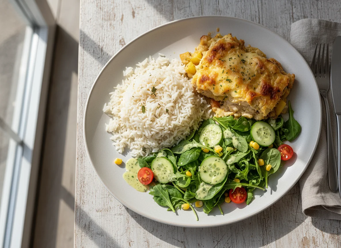 Reis mit Hähnchenauflauf und Salat photo