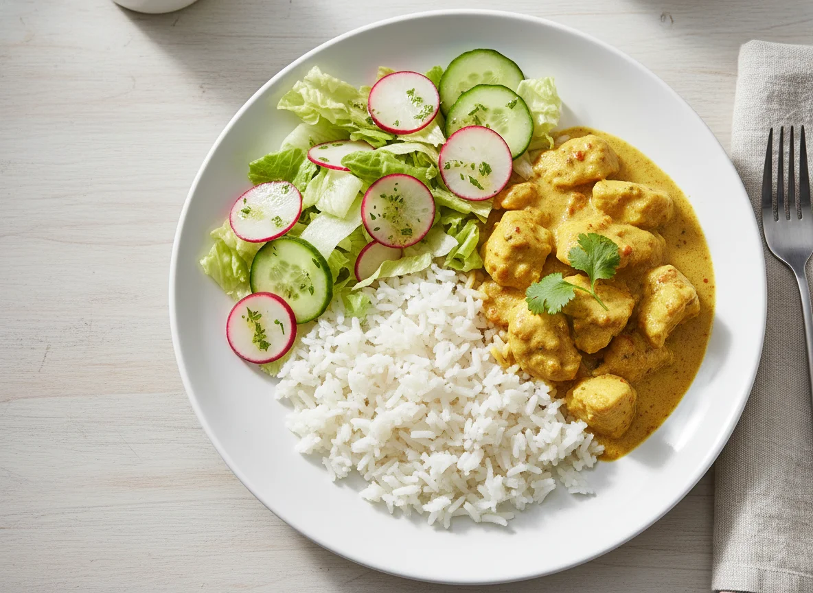 Reis mit Hähnchen-Curry und Beilagensalat photo