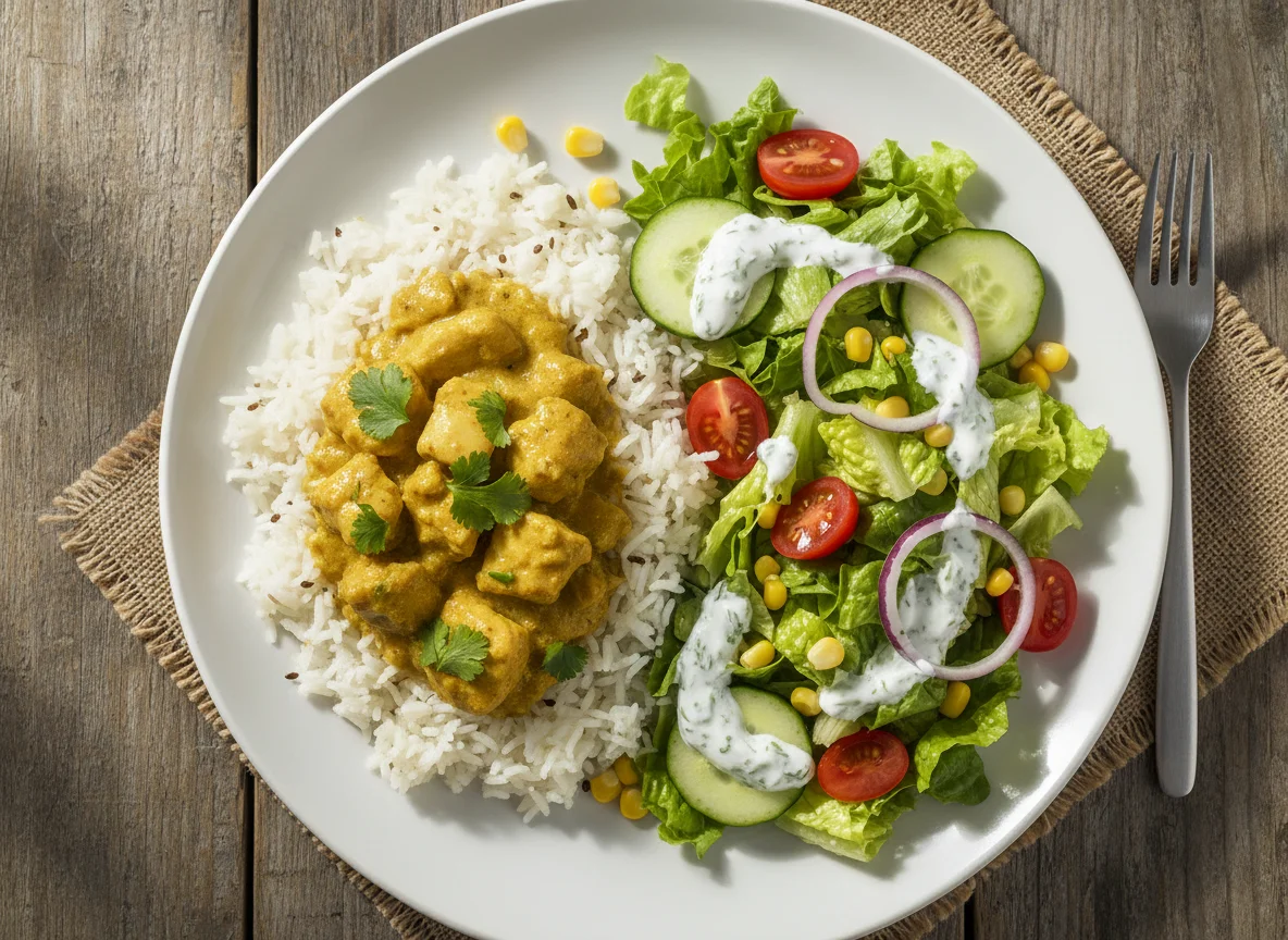 Reis mit Hähnchencurry und Salat photo