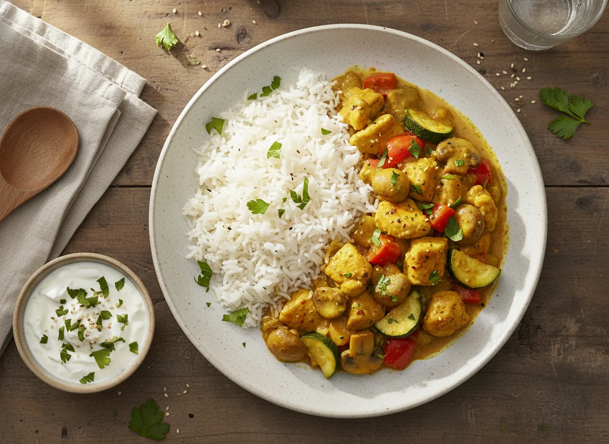 Reis mit Hähnchen-Gemüse-Curry und Joghurt-Dip photo