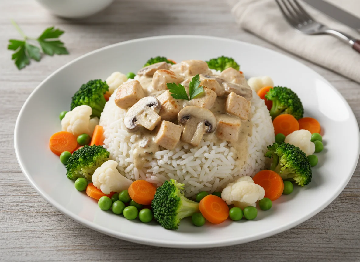 Reis mit Hähnchen-Pilz-Rahmsoße und Gemüse photo