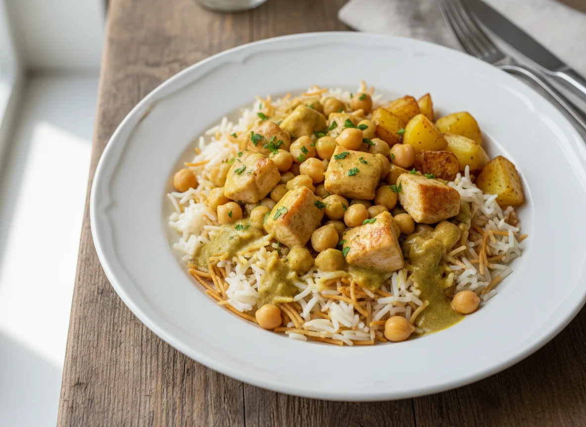 Reis mit Huhn, Kichererbsen und Kartoffeln photo