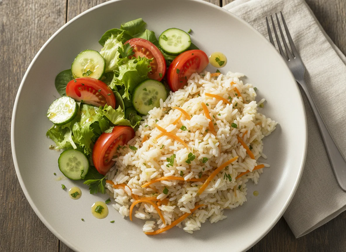 Reis mit Karotten und Beilagensalat photo