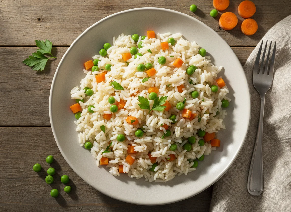 Reis mit Karotten und Erbsen photo