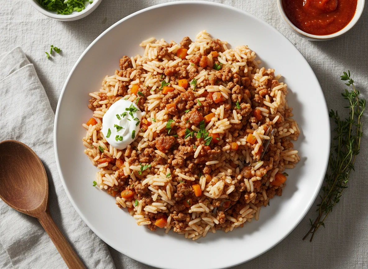 Reis mit Karotten und Hackfleisch photo