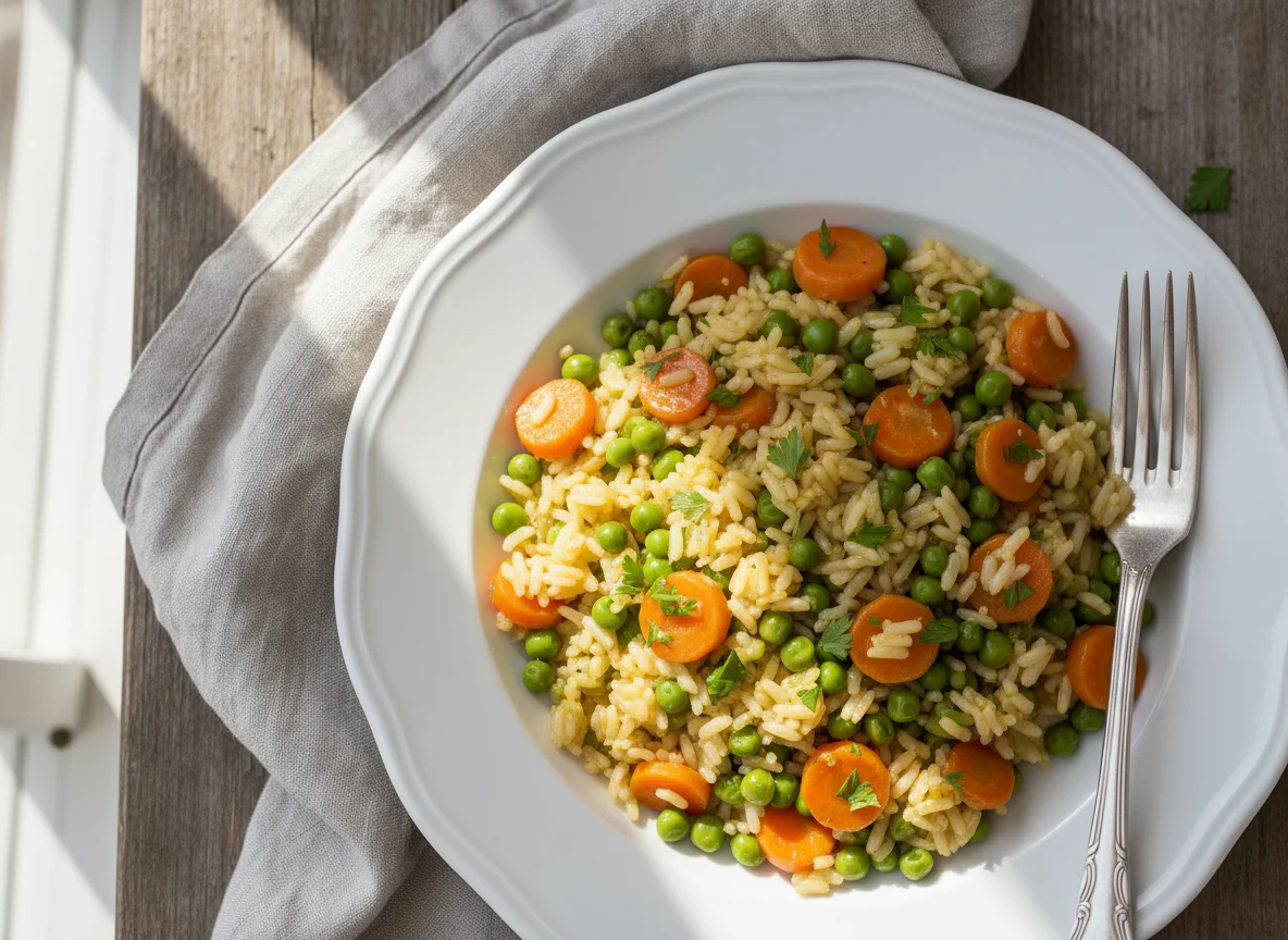 Reis mit Karotten-Erbsen-Gemüse photo