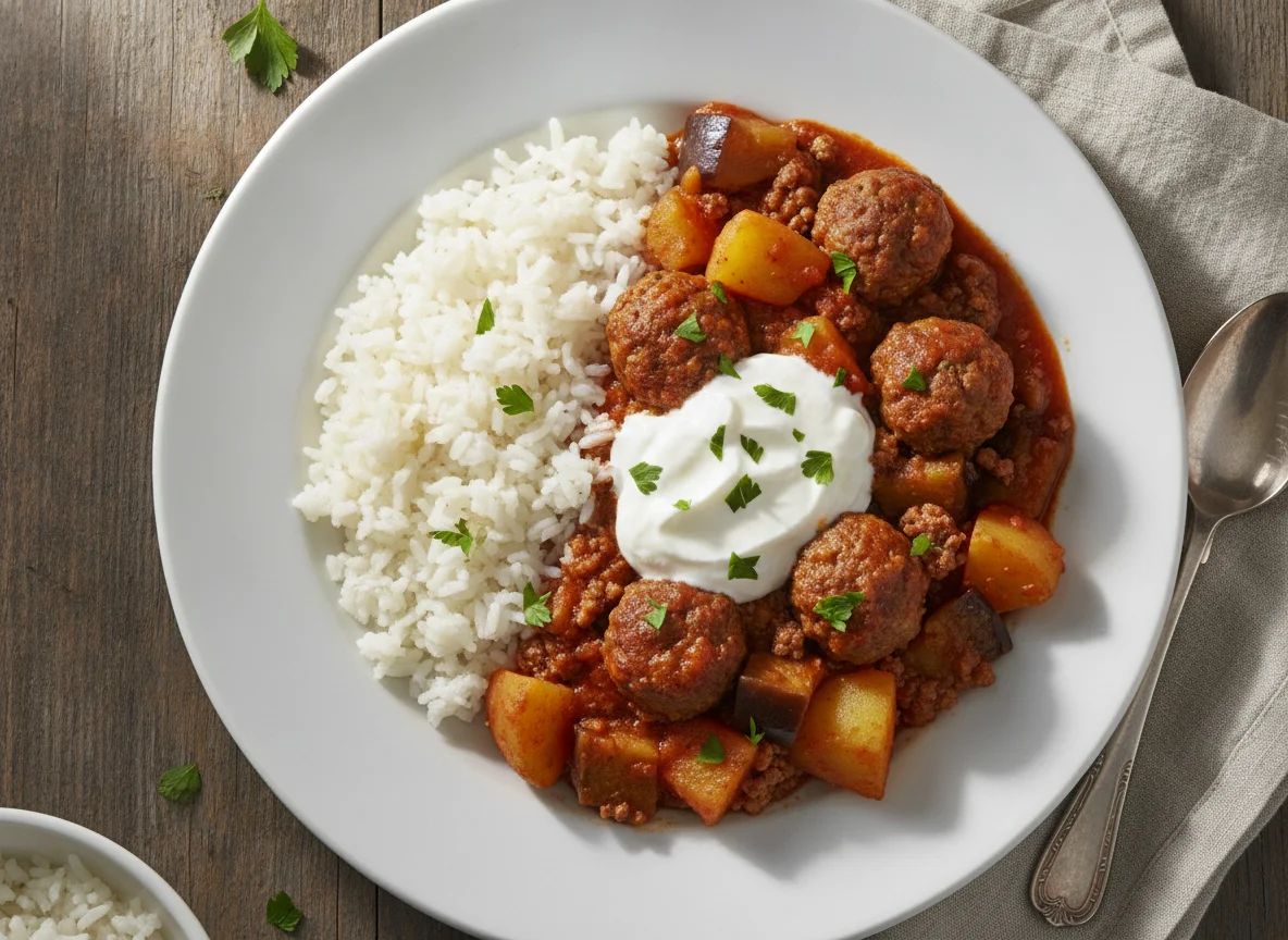 Reis mit Kartoffel-Auberginen-Eintopf und Joghurt photo