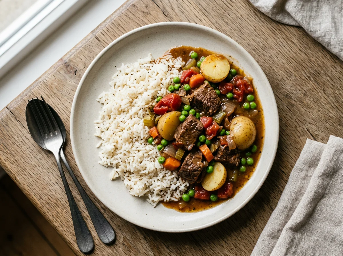 Reis mit Kartoffel-Fleisch-Eintopf photo