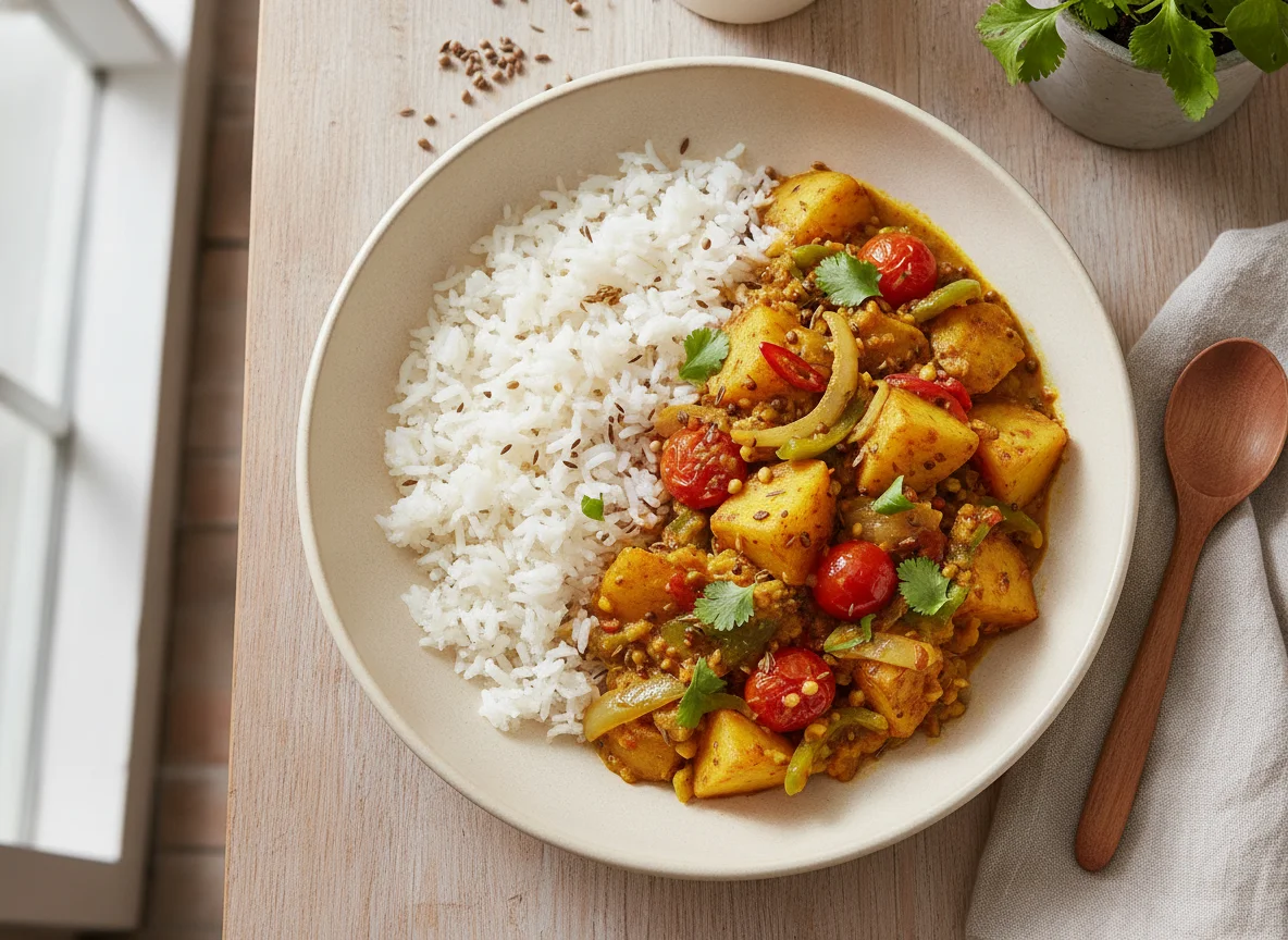 Reis mit Kartoffel-Gemüse-Curry photo