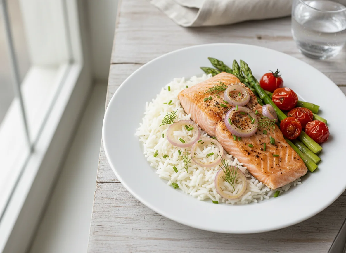 Reis mit Lachs und Gemüse photo