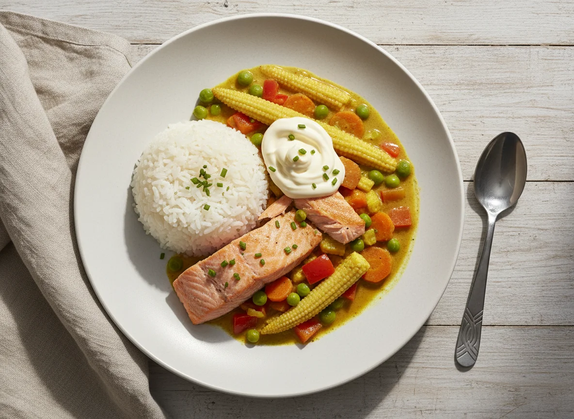 Reis mit Lachs-Gemüse-Curry und Mayonnaise photo