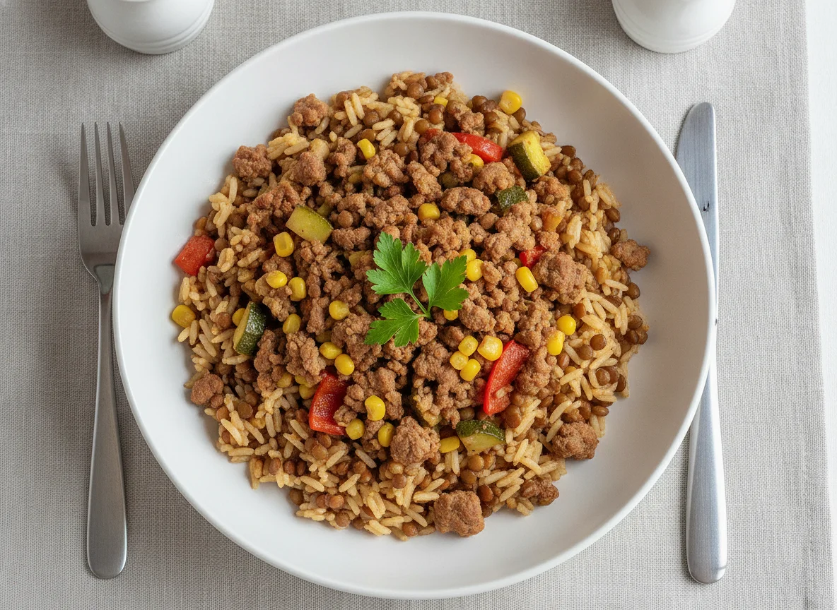 Reis mit Linsen und Hackfleisch-Gemüse-Mischung photo