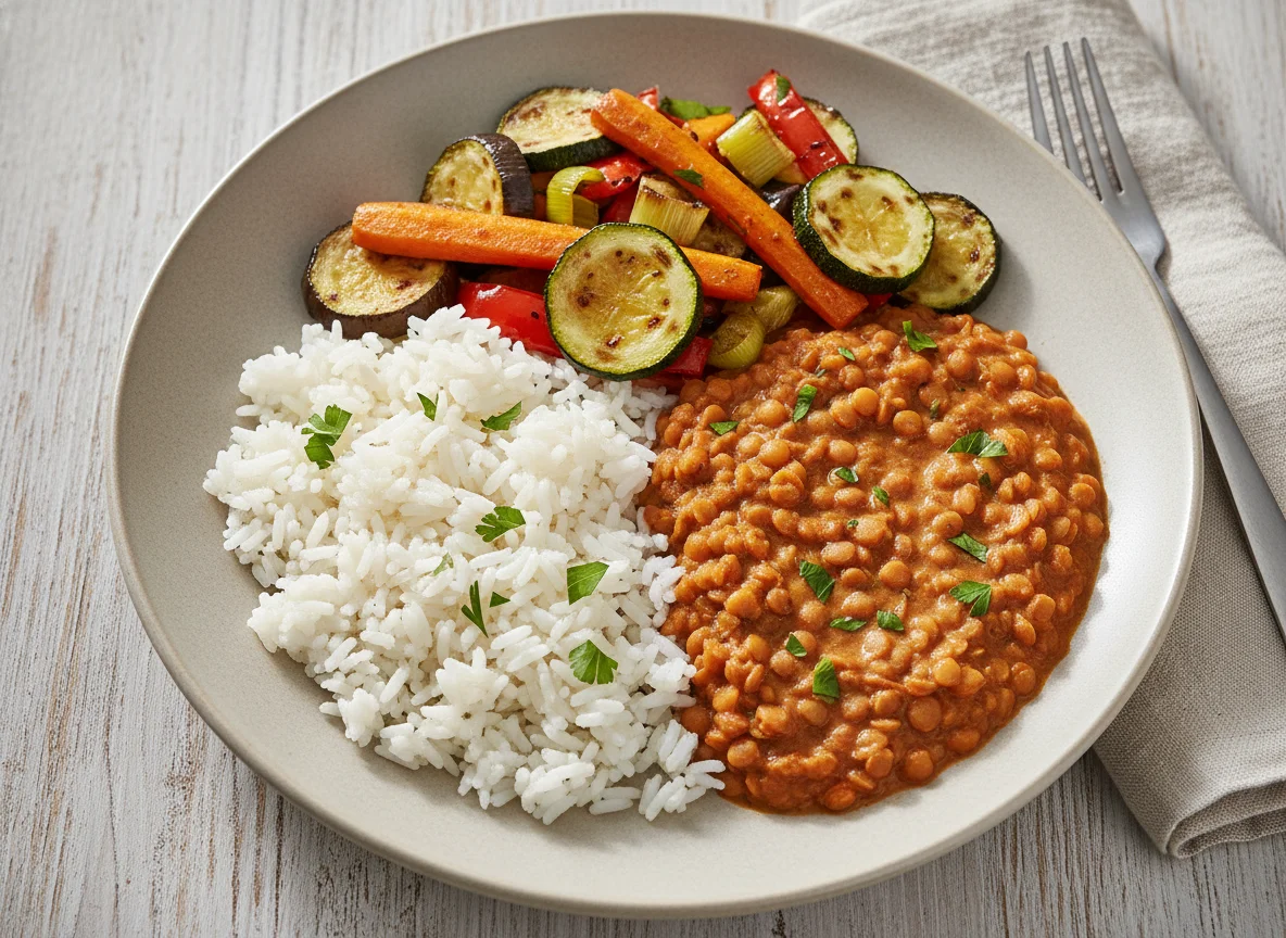 Reis mit Linsencurry und gebratenem Gemüse photo