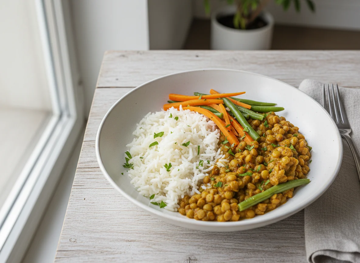 Reis mit Linsen-Curry und Gemüse photo