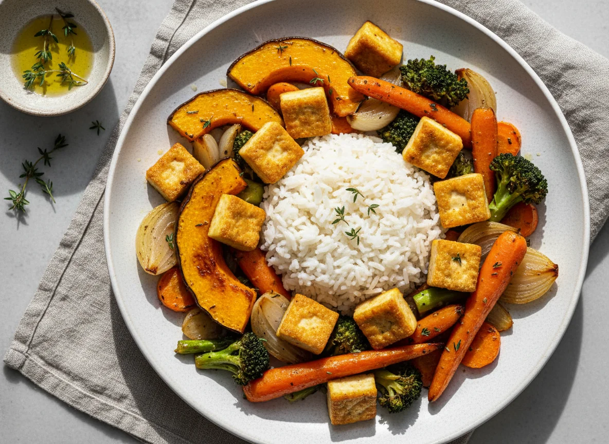 Reis mit Ofengemüse und Tofu photo