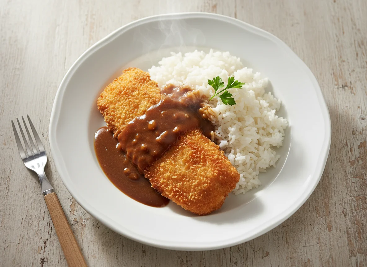 Reis mit paniertem Fisch und Sauce photo
