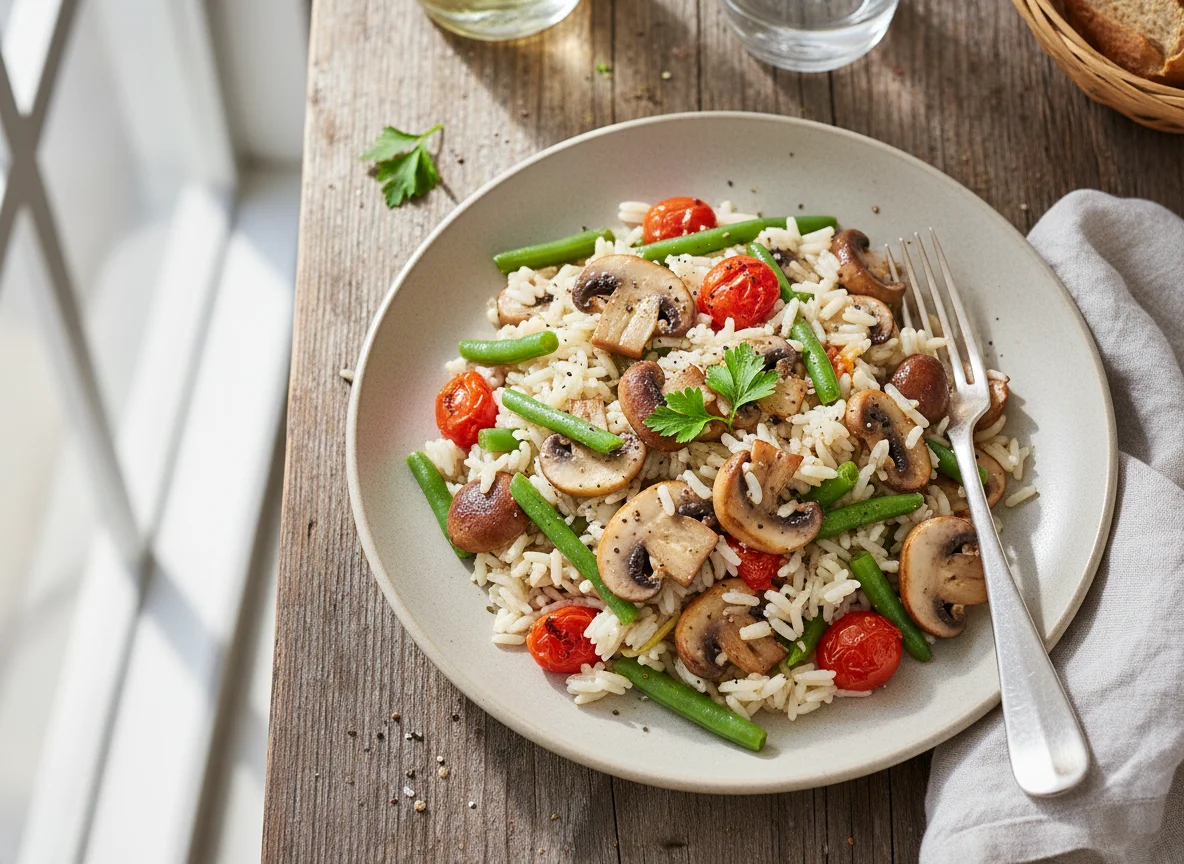 Reis mit Pilzen und grünen Bohnen photo