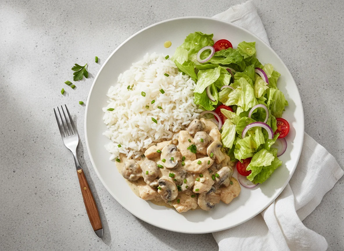Reis mit Pilz-Rahm-Geschnetzeltem und Beilagensalat photo