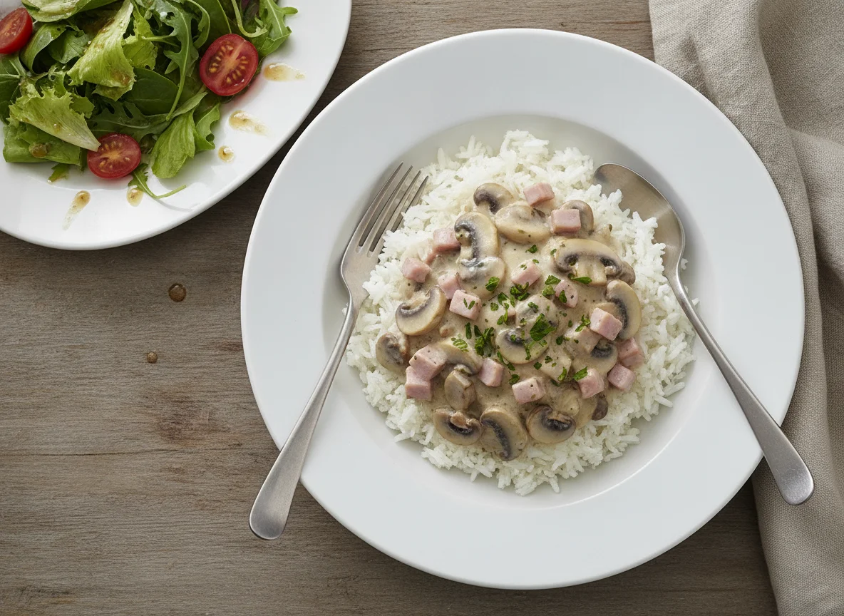 Reis mit Pilz-Schinken-Sahnesauce und Beilagensalat photo