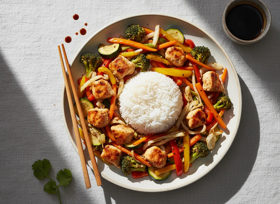 Reis mit Poulet und Gemüsepfanne photo