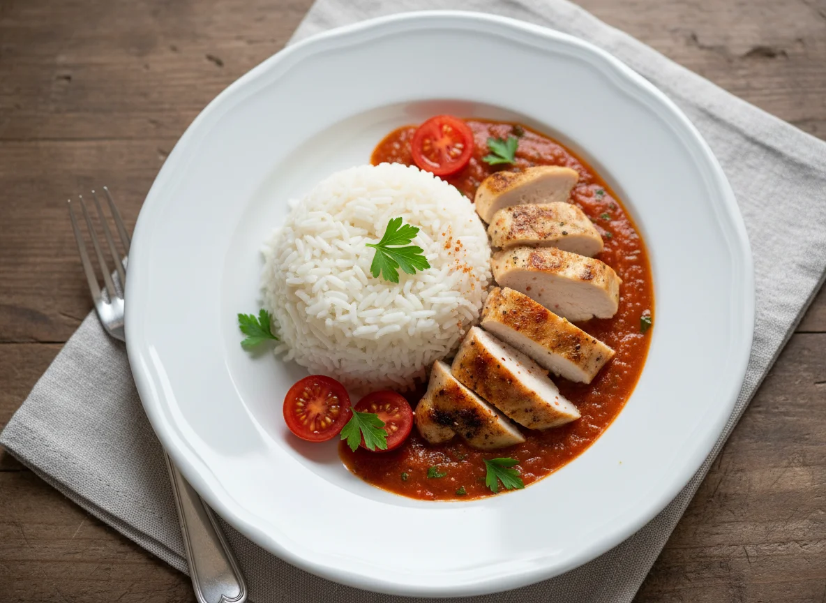 Reis mit Poulet und Sauce photo