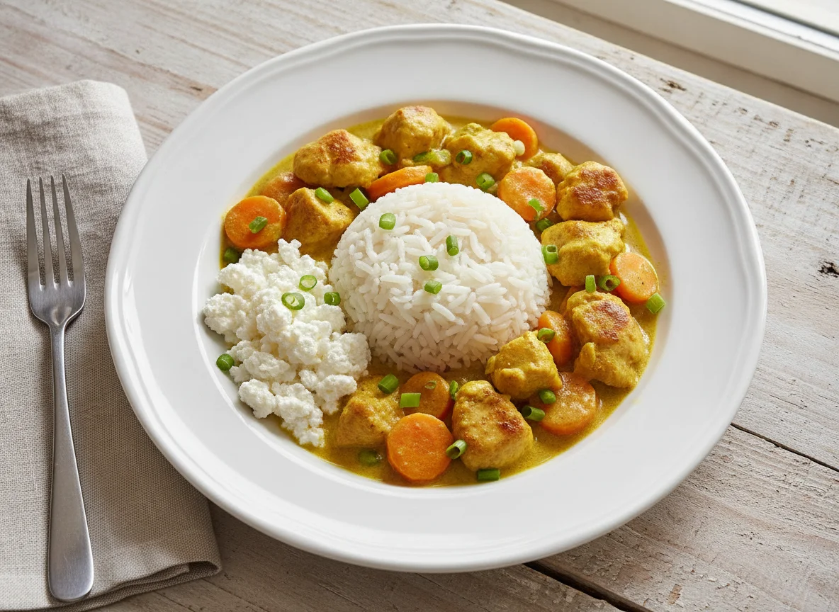 Reis mit Poulet-Curry und Hüttenkäse photo