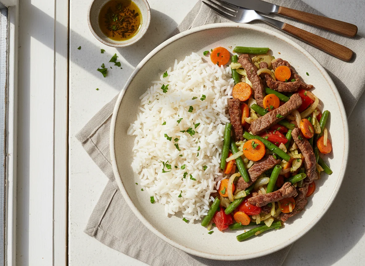 Reis mit Rindfleisch und Gemüsepfanne photo