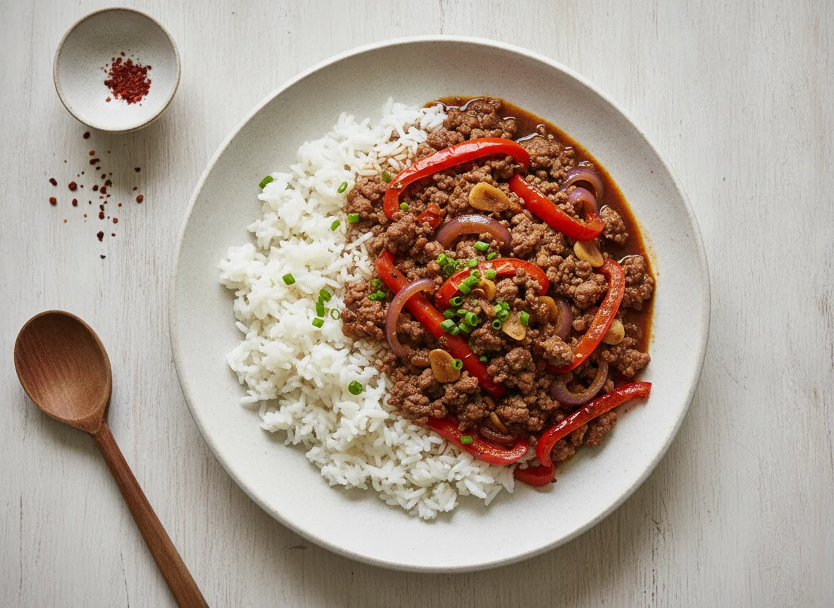 Reis mit Rindfleisch und Paprika photo
